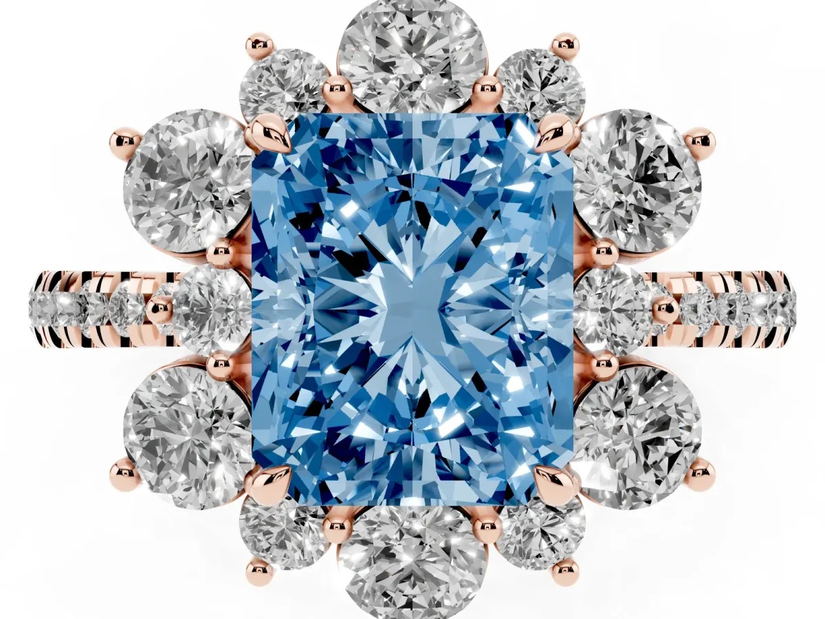 Fancy Blue Radiant Cut Diamond Floral Halo Ring with Round Pavé Band and Prong Setting Rose gold