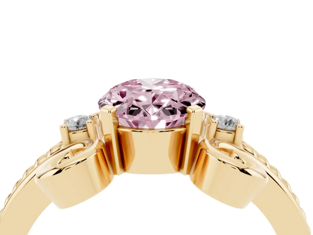 Fancy Pink Oval Cut Solitaire Twisted Band Scroll Prong Ring Yellow gold