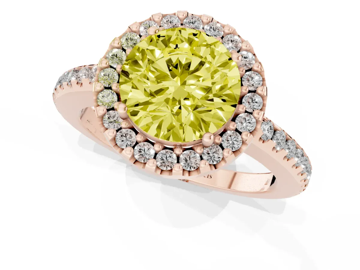 Fancy Yellow Round Cut Diamond Pavé Halo Ring with Four-Prong Setting Rose gold