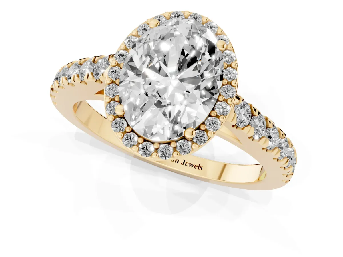 Oval Cut Cut Halo Diamond Engagement Ring with Pave Band and Four-Prong Setting Yellow gold