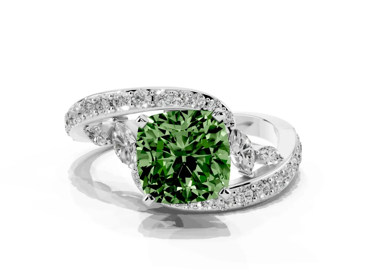 Fancy Green Cushion Cut Diamond Solitaire Ring with Filigree Band and Four-Prong Setting Silver