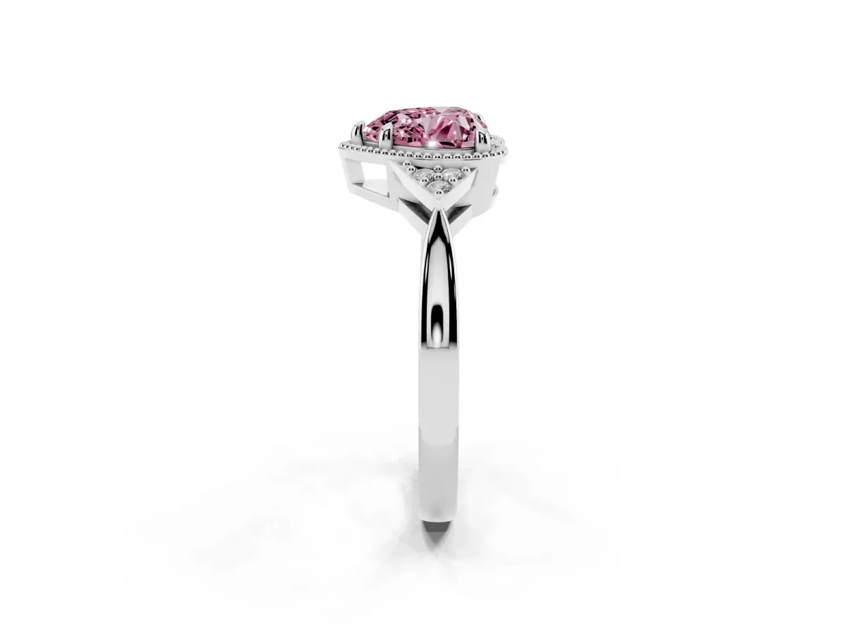 Fancy Pink Heart Cut Diamond Halo Ring with Tapered Band and Four-Prong Setting Platinum