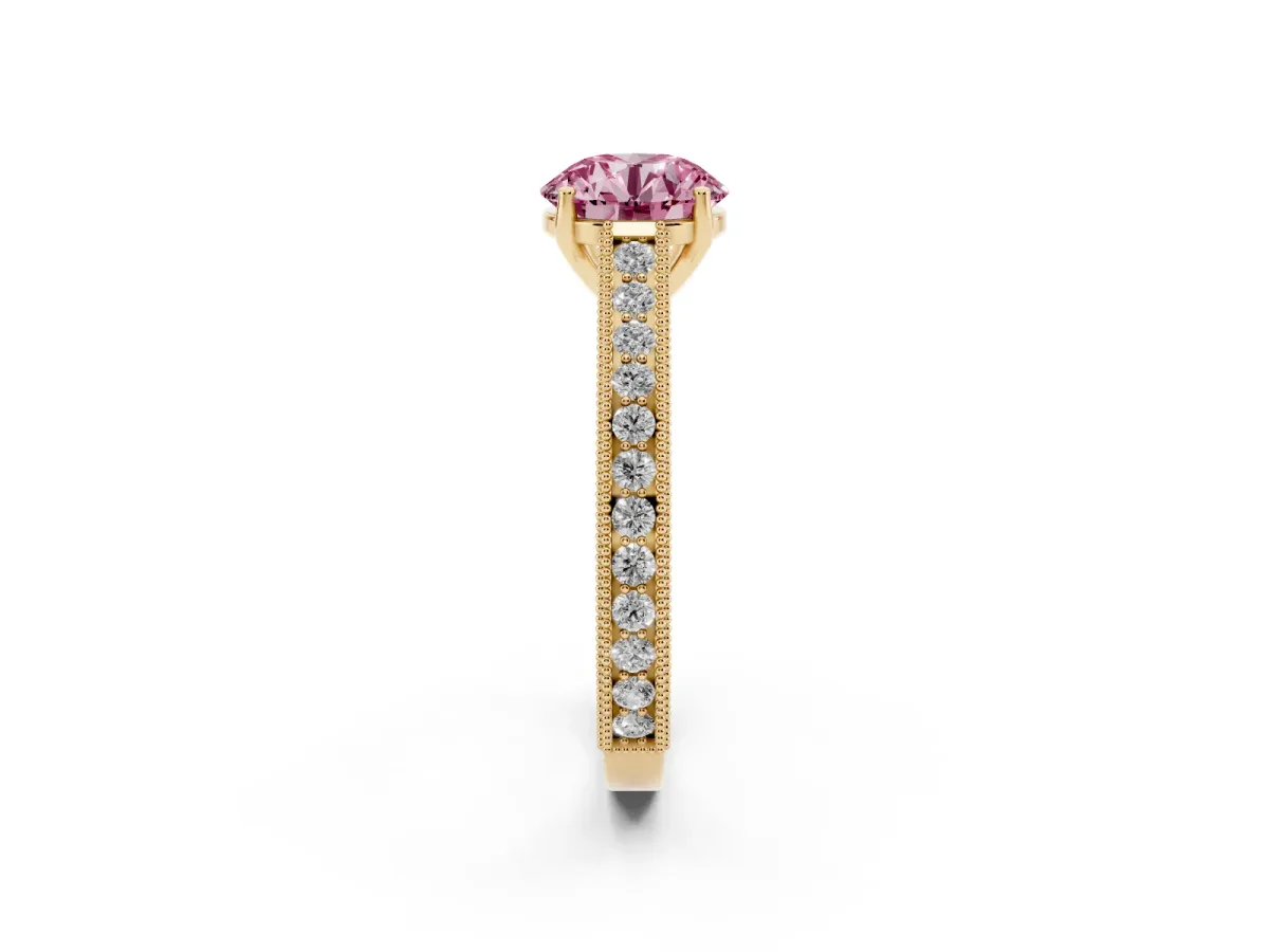 Fancy Pink Round Cut Cut Pave Band Milgrain Solitaire Ring Yellow gold