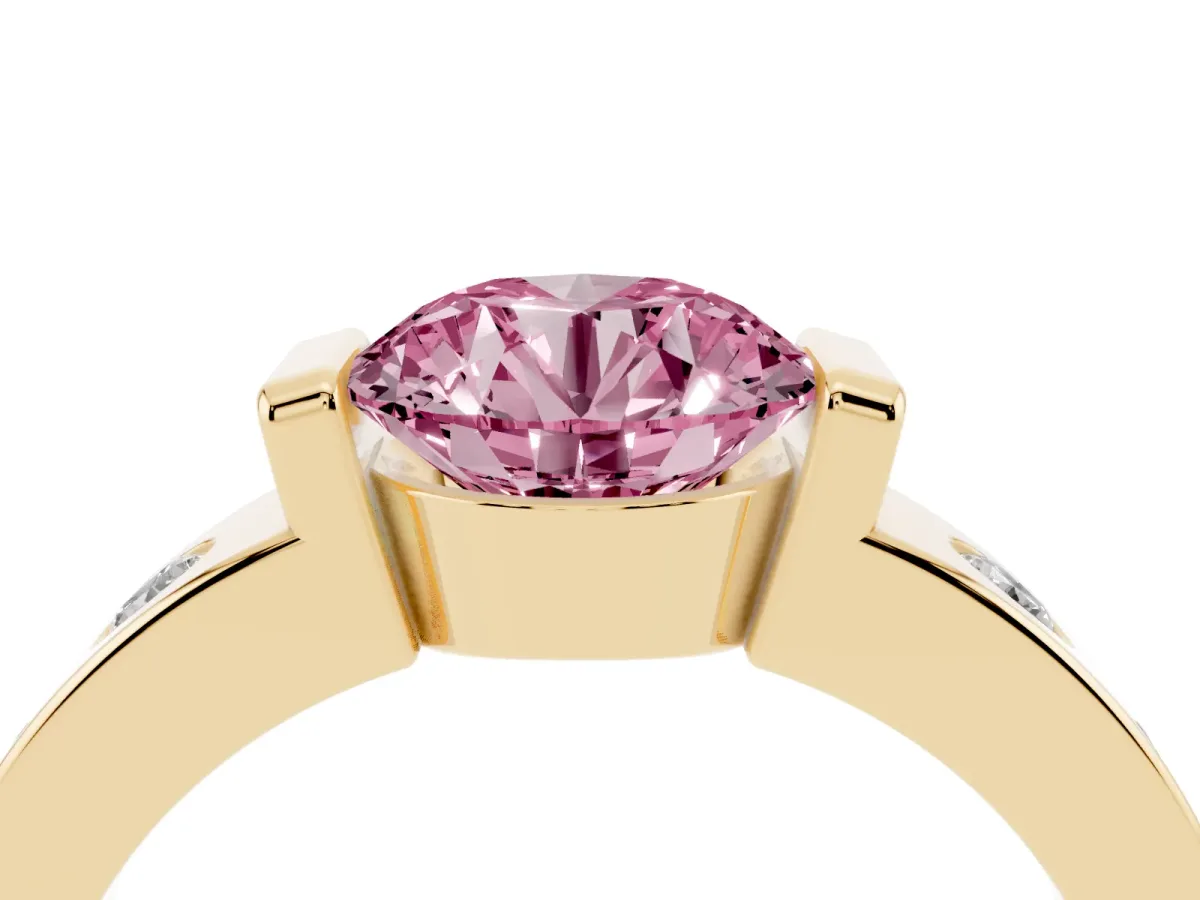 Fancy Pink Round Cut Brilliant Channel-Set Diamond Ring with Bezel Prong Setting Yellow gold