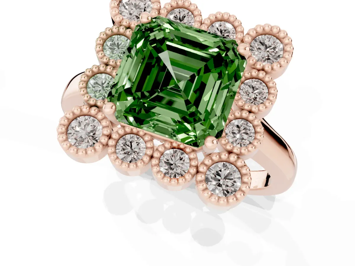 Fancy Green Asscher Cut Halo Diamond Cluster Engagement Ring with Milgrain Bezel Setting and Solitaire Band Rose gold
