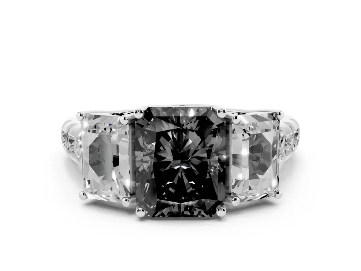 Fancy Black Three-Stone Radiant Cut Diamond Pavé Band with Prong Setting Silver