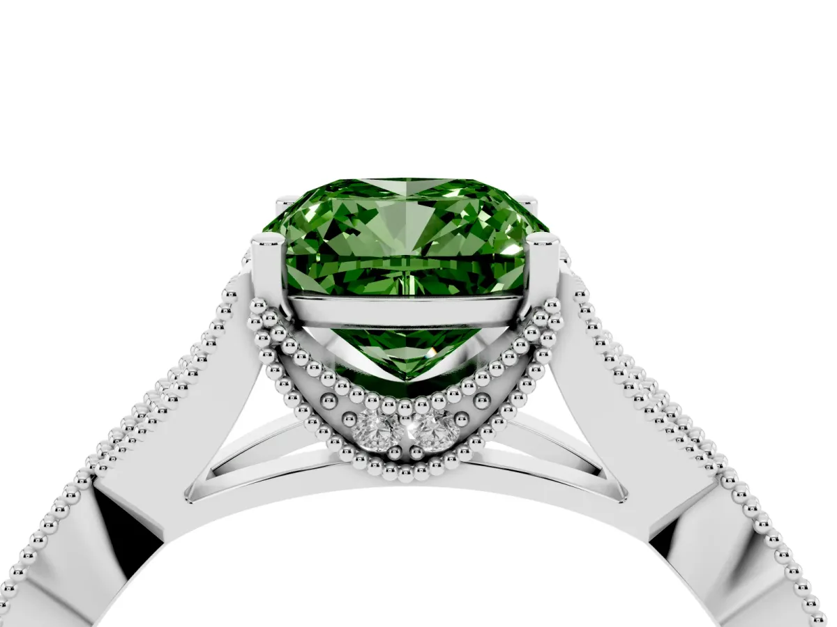 Fancy Green Cushion Cut Cut Diamond Twisted Band with Milgrain Pave Setting and Four-Prong Setting Platinum