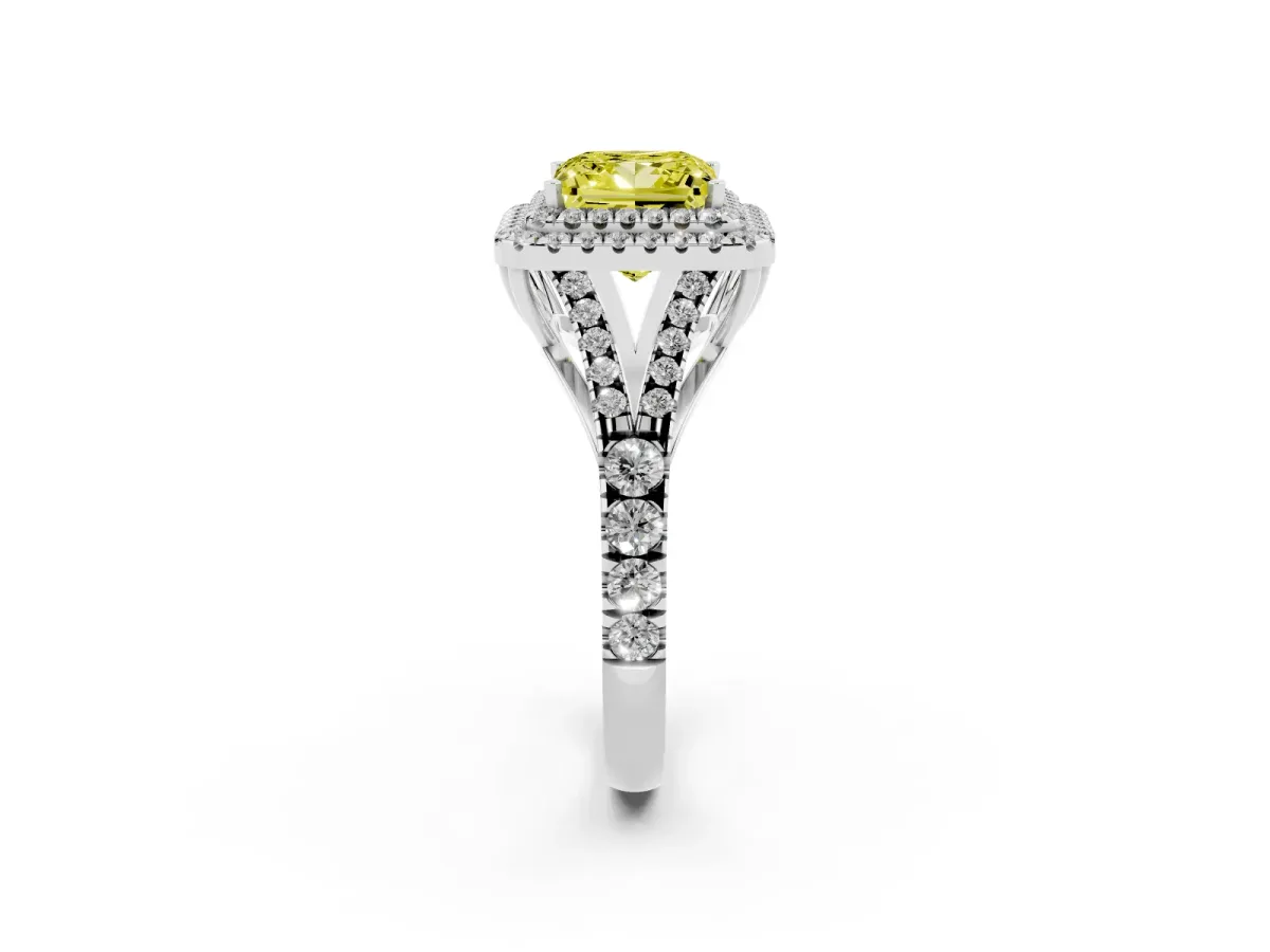 Fancy Yellow Princess Cut Diamond Double Halo Ring with Split Shank and Prong Setting Platinum