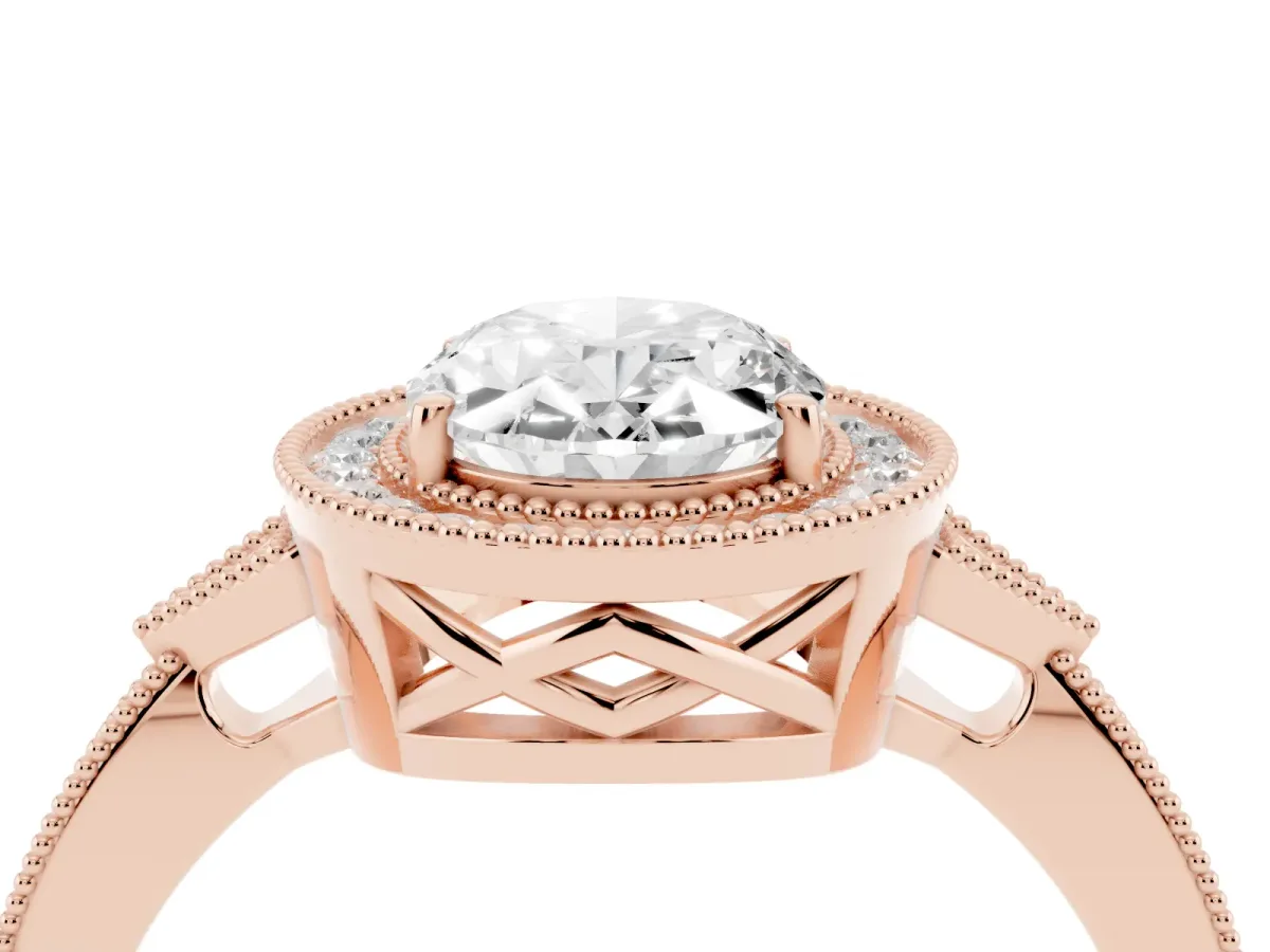 Oval Cut Halo Round Diamond Milgrain Pave Engagement Ring Rose gold
