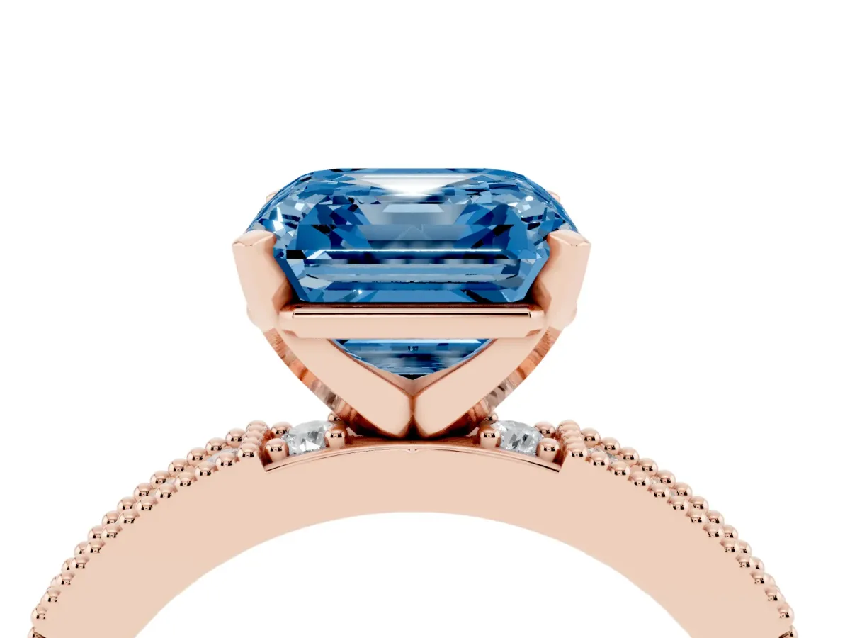 Fancy Blue Asscher Cut Solitaire with Pavé Band and Four-Prong Setting Rose gold