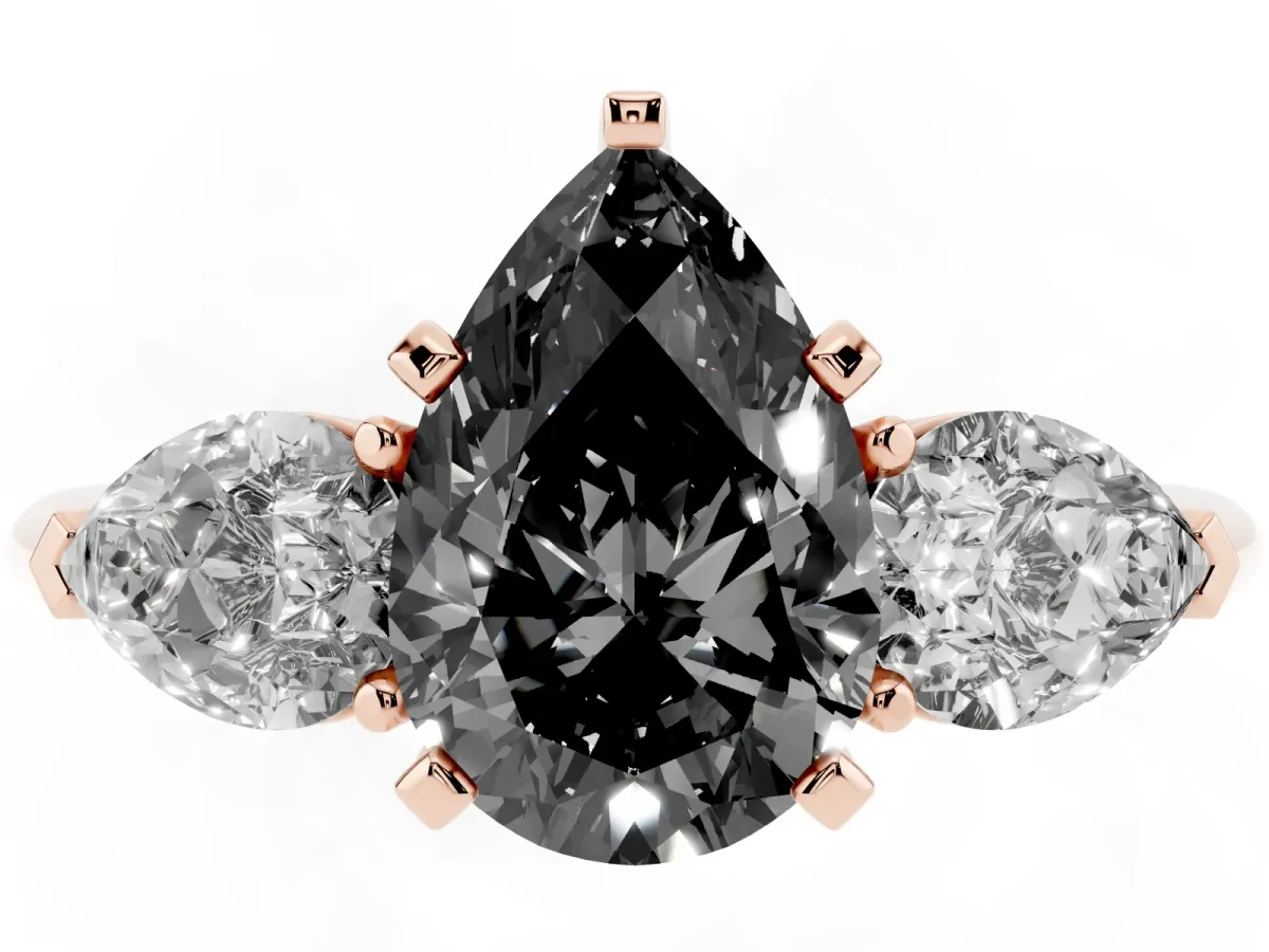 Fancy Black Three-Stone Pear Cut Diamond Ring with Pear Side Stones and Four-Prong Setting Rose gold