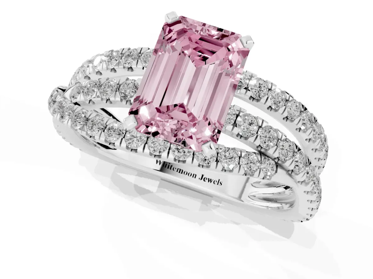 Fancy Pink Emerald Cut Solitaire Twist Band with Pavé Setting and Four-Prong Setting Silver