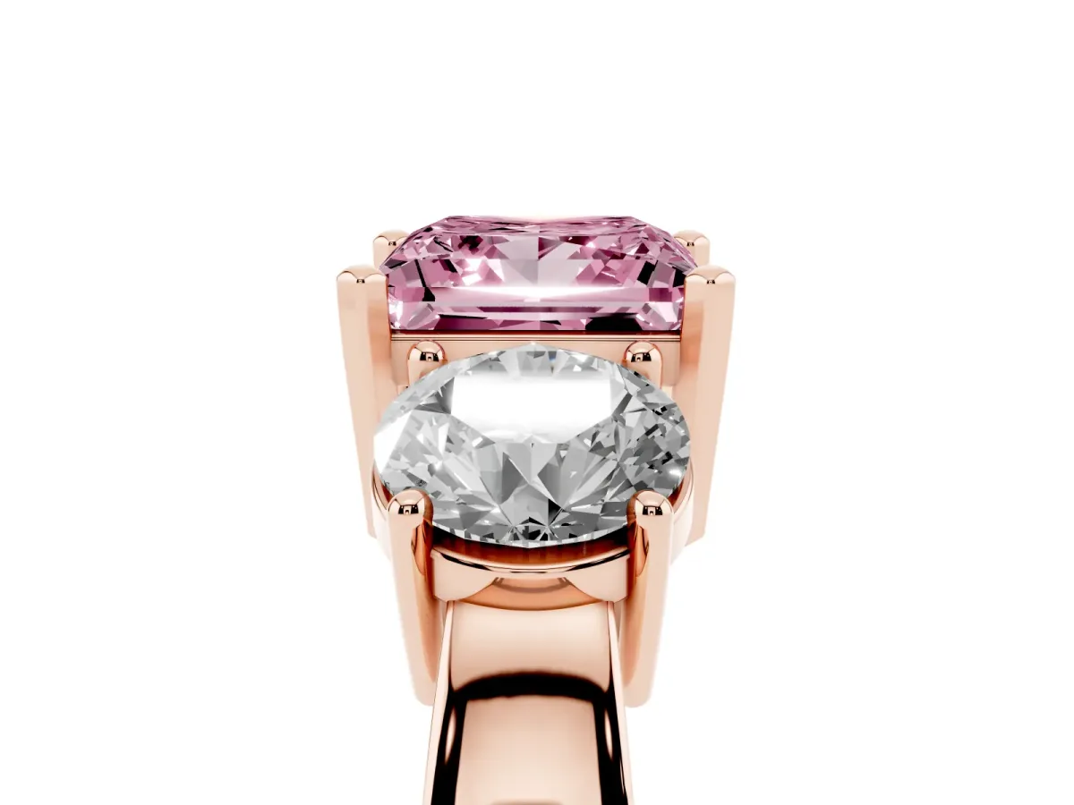 Fancy Pink Three-Stone Princess Cut Diamond Ring with Round Side Stones, Classic Band, and Four-Prong Setting Rose gold