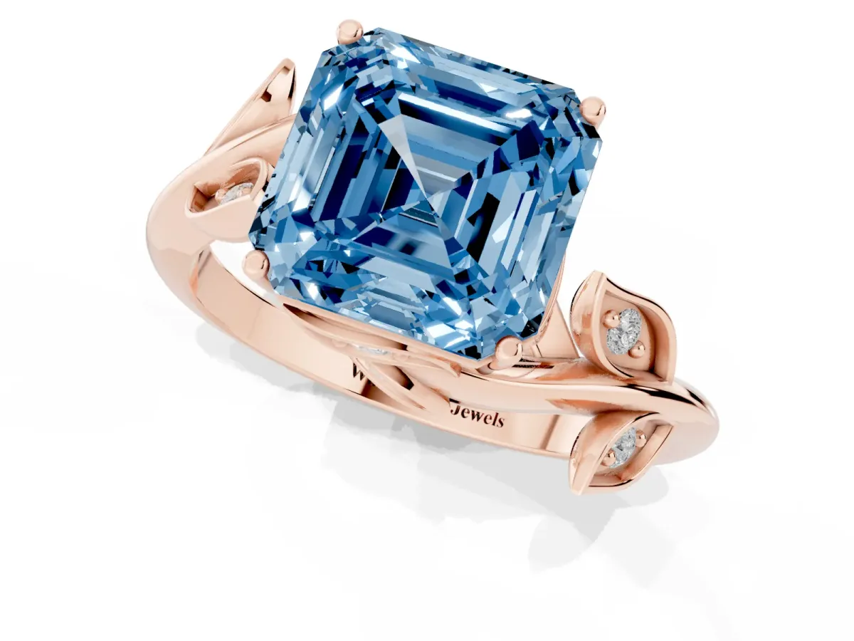 Fancy Blue Asscher Cut Solitaire Twist Engagement Ring with Leaf Accents and Prong Setting Rose gold