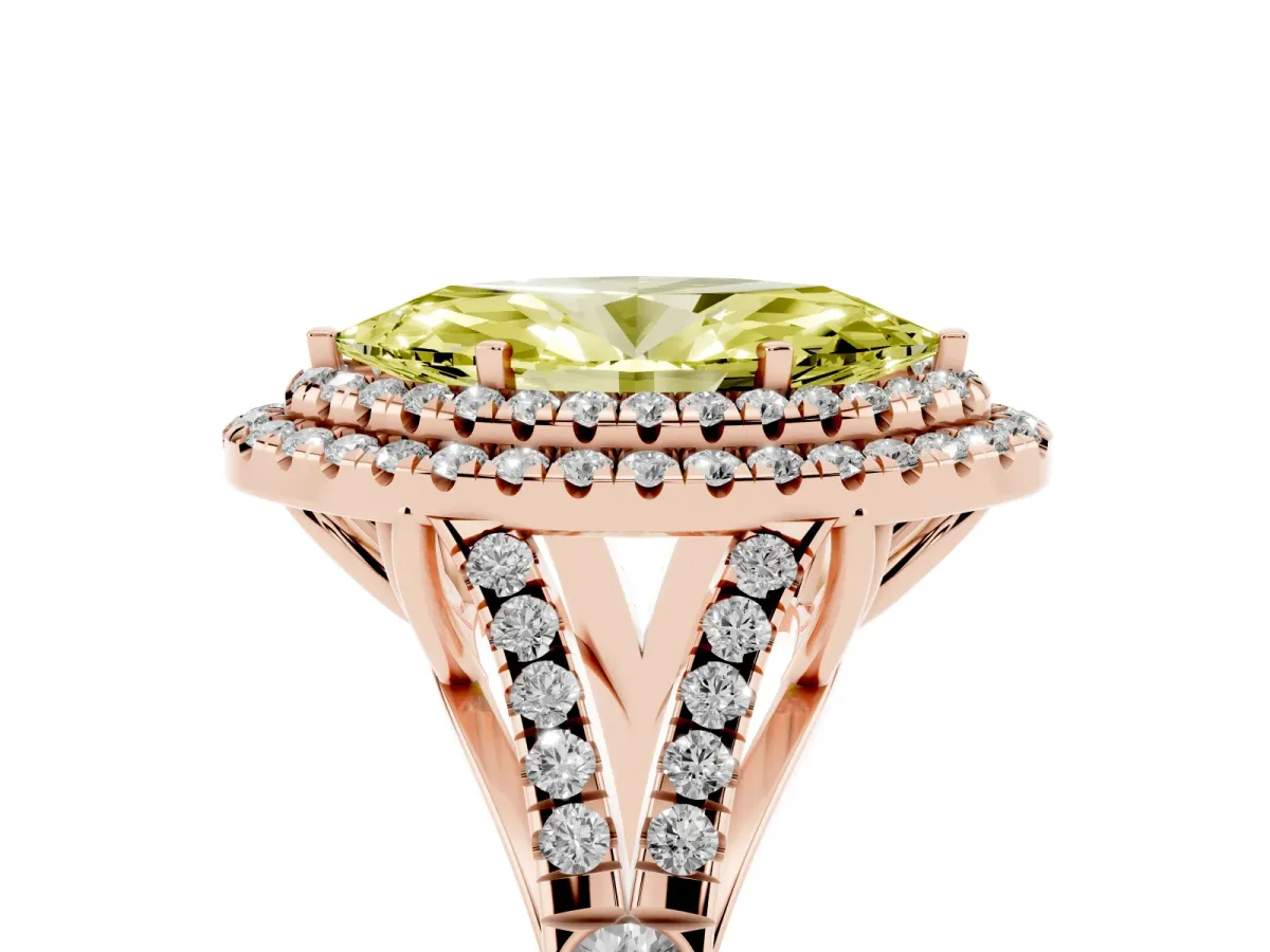 Fancy Yellow Double Halo Marquise Cut Diamond Split Shank Engagement Ring with Four-Prong Setting Rose gold