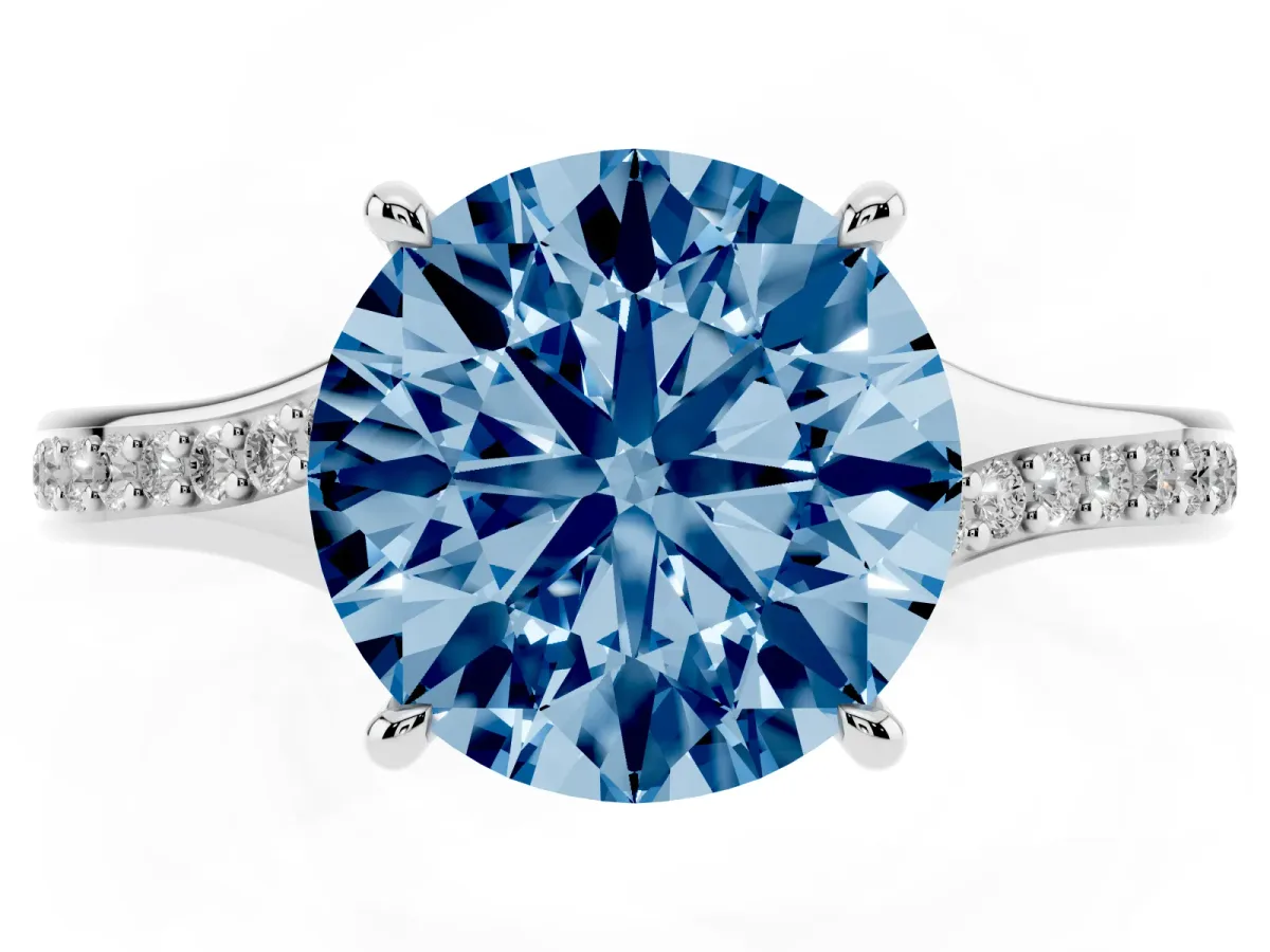 Fancy Blue Round Cut Diamond Solitaire Ring with Pavé Band and Prong Setting Silver