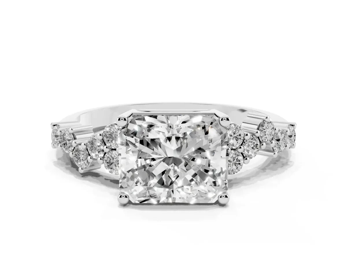 Radiant Cut Diamond Scattered Round Accent Ring with Prong Setting Silver