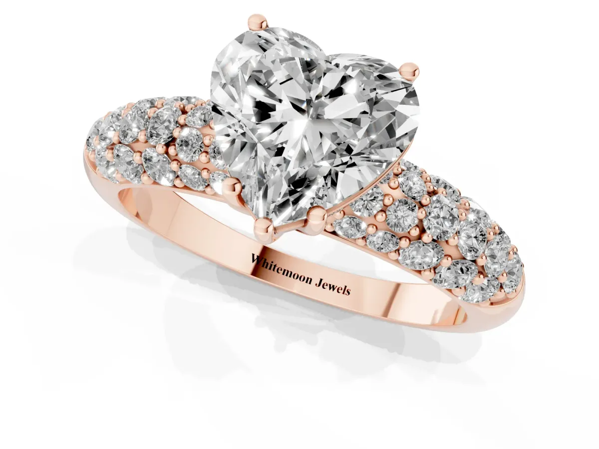 Heart Cut Diamond Pavé Band Solitaire Ring with Four-Prong Setting Rose gold