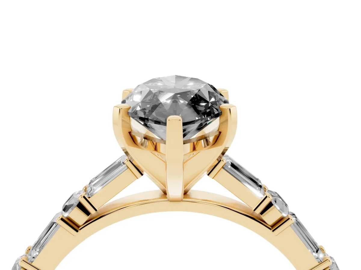 Fancy Black Marquise Cut Diamond Solitaire with Side Baguettes and Channel Set Band Yellow gold