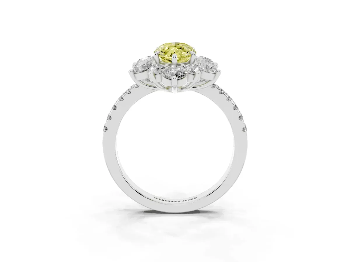 Fancy Yellow Marquise Cut Diamond Floral Halo Ring with Round Pavé Band and Prong Setting Silver