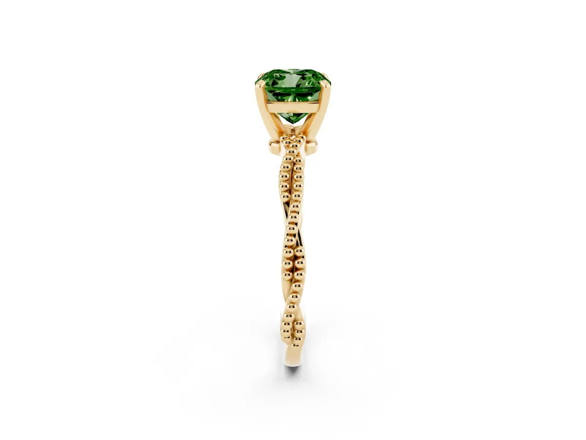 Fancy Green Cushion Cut Solitaire Twisted Band with Bead Prong Setting Yellow gold