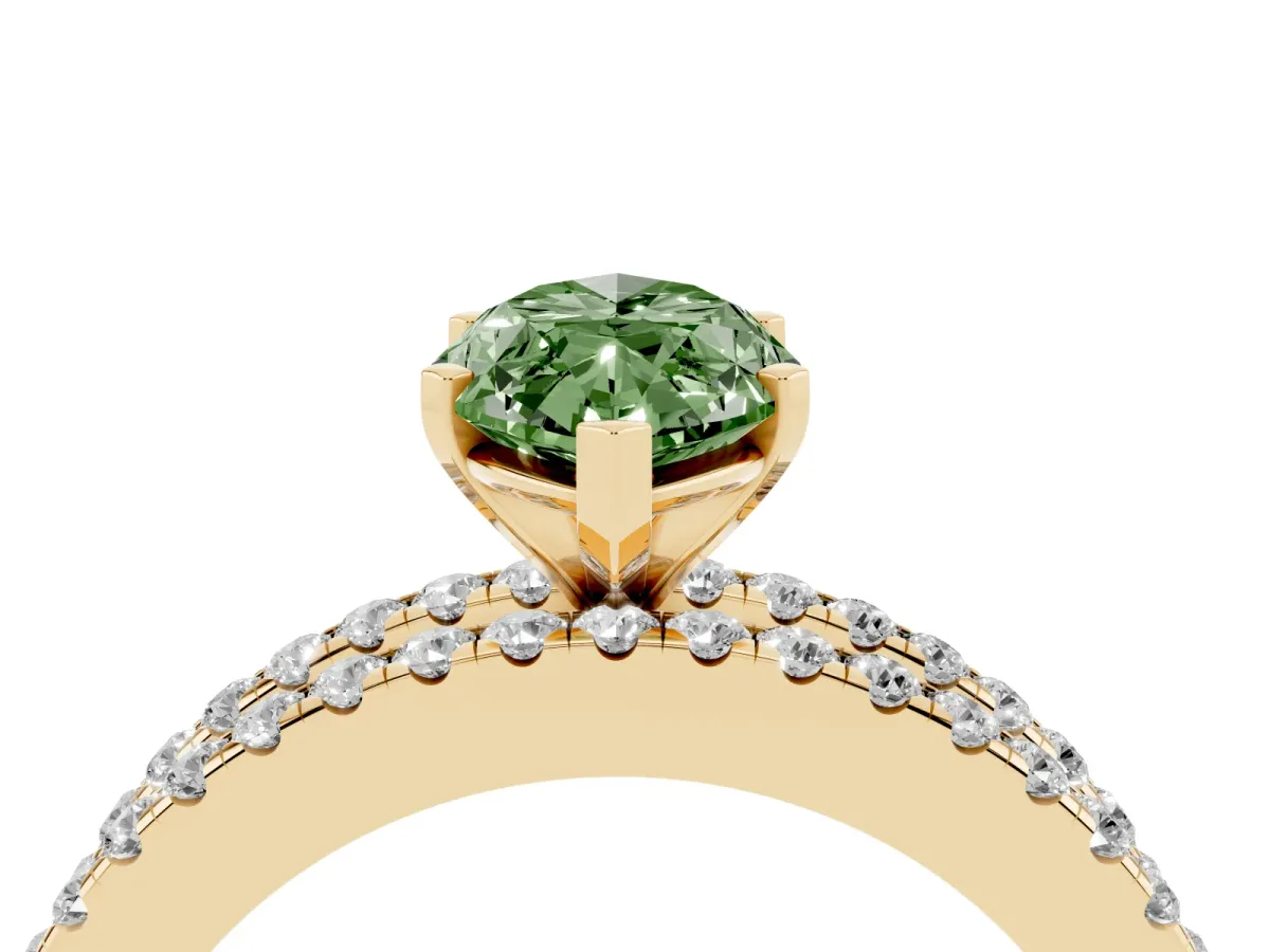 Fancy Green Marquise Cut Diamond Solitaire Ring with Pavé and Channel Set Band Yellow gold