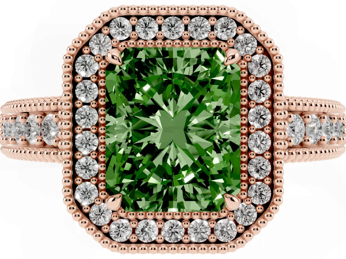 Fancy Green Radiant Cut Cut Halo Diamond Ring with Pavé Band and Four-Prong Setting Rose gold