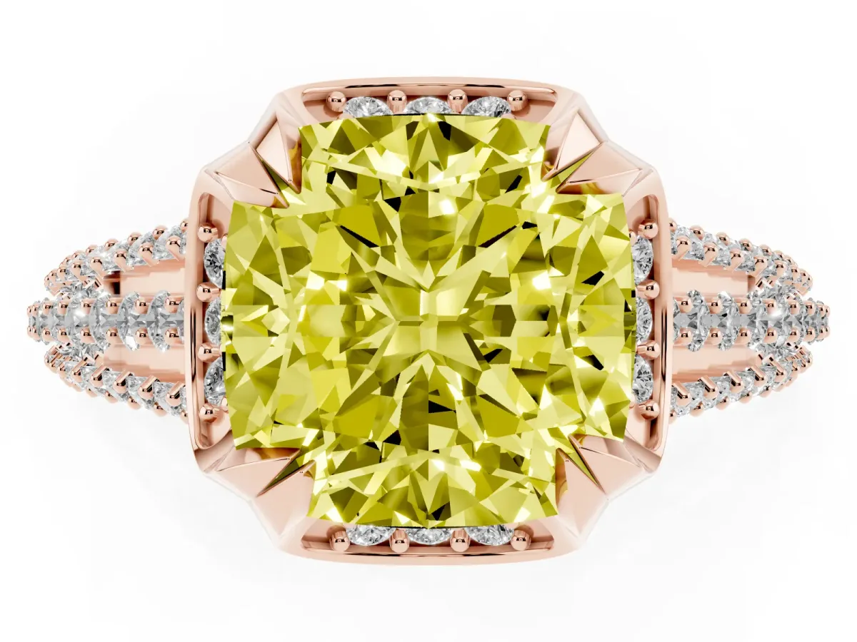 Fancy Yellow Cushion Cut Solitaire Pave Split Shank Ring with Four-Prong Setting Rose gold