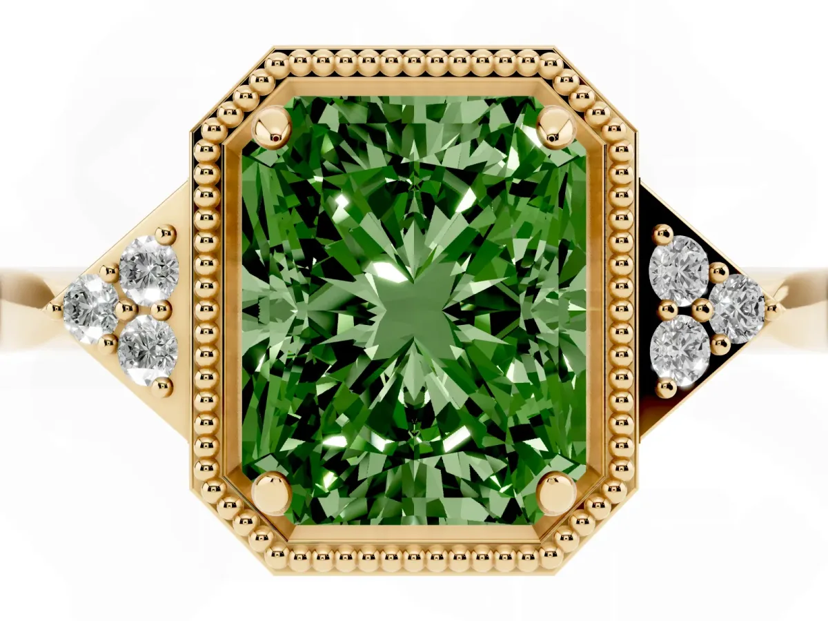 Fancy Green Hexagonal Halo Radiant Cut Diamond Solitaire with Pavé Band and Four-Prong Setting Yellow gold