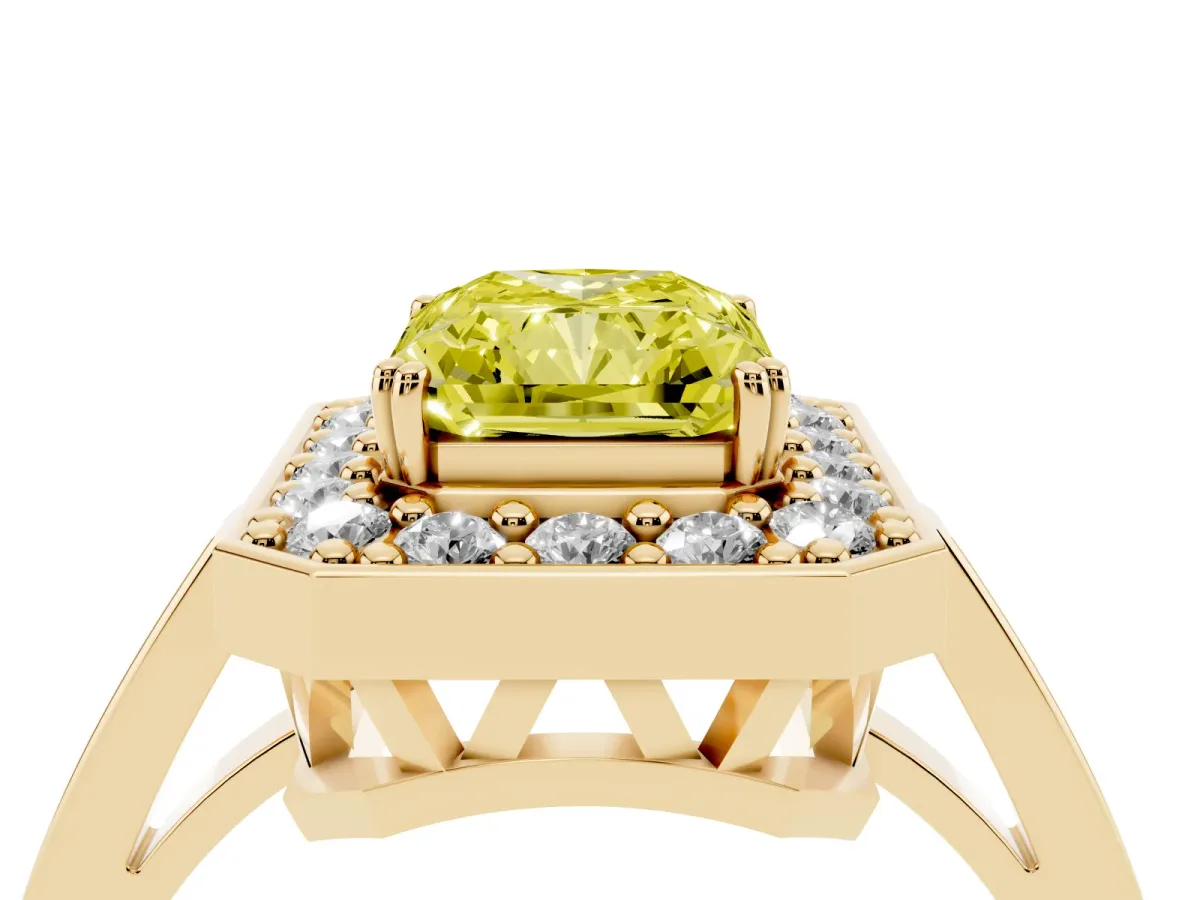 Fancy Yellow Radiant Cut Diamond Halo Ring with Split Shank and Four-Prong Setting Yellow gold