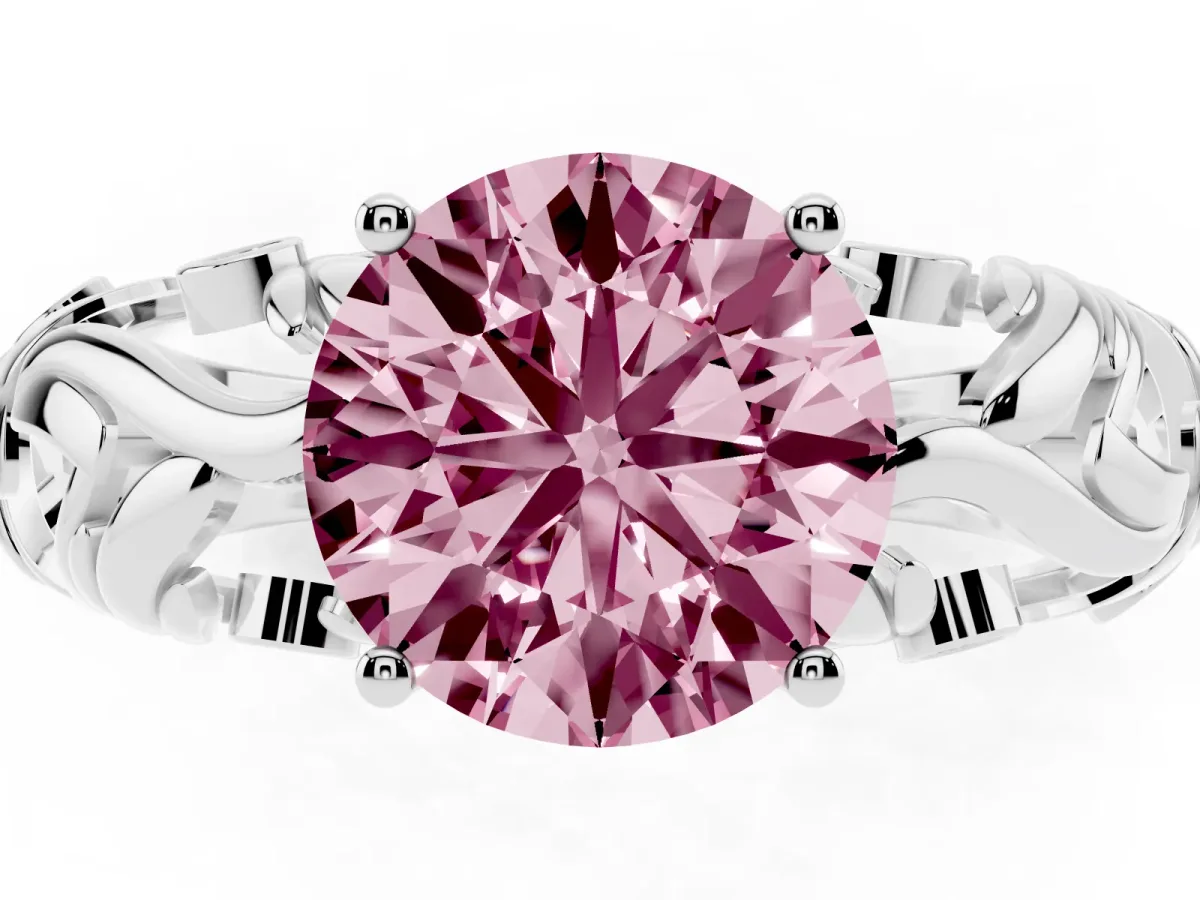 Fancy Pink Round Cut Solitaire Diamond Leaf-Inspired Vine Band Ring with Prong Setting Silver