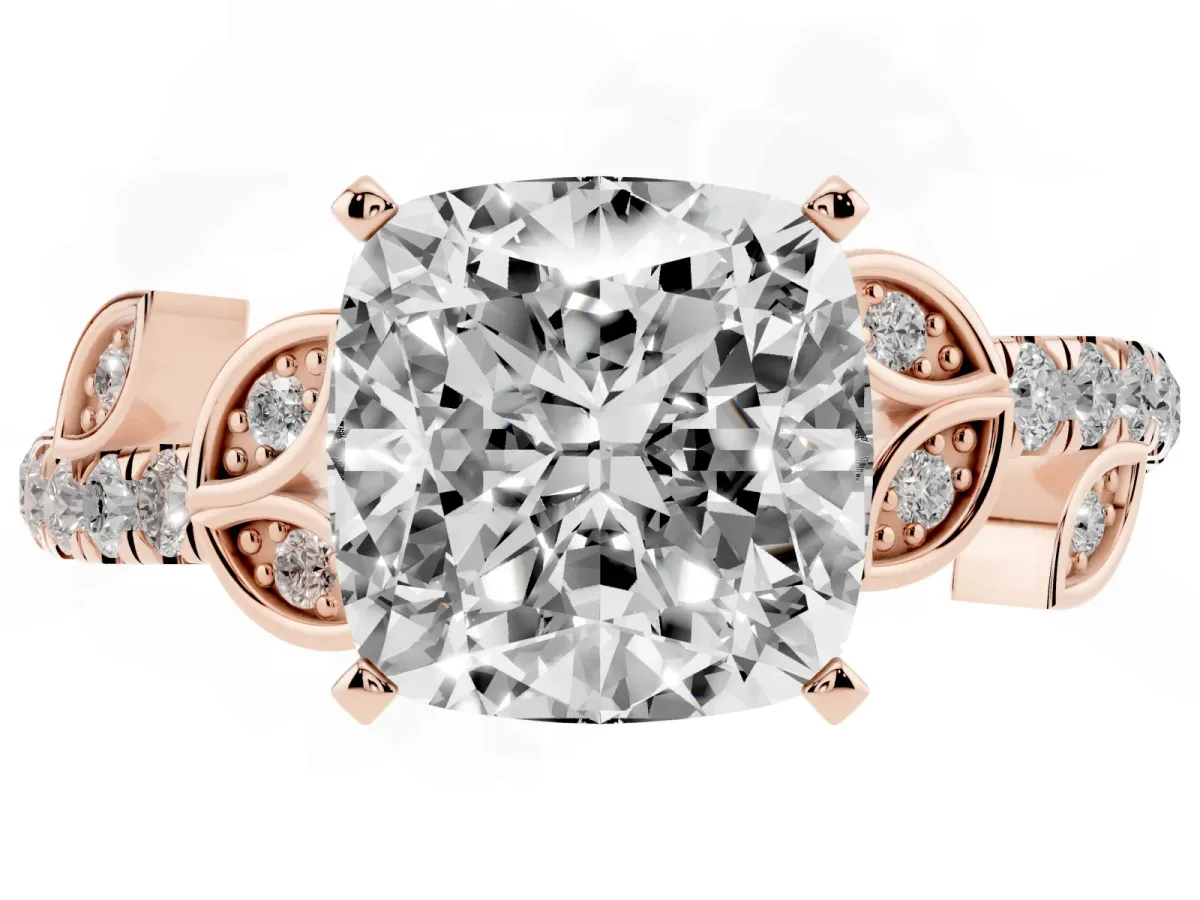 Cushion Cut Solitaire Leaf-Inspired Diamond Ring with Pavé Band and Four-Prong Setting Rose gold
