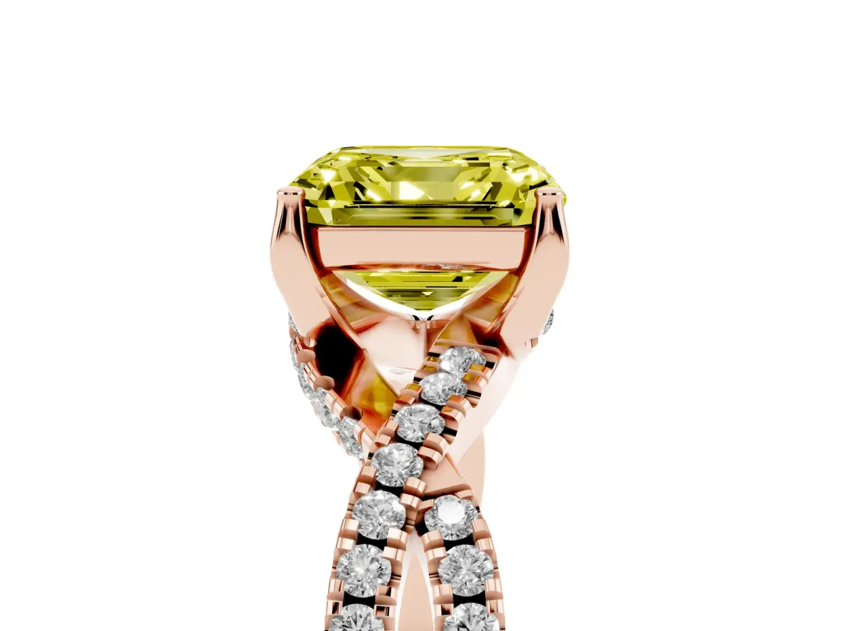 Fancy Yellow Asscher Cut Solitaire Twist Pave Diamond Engagement Ring with Prong Setting Rose gold