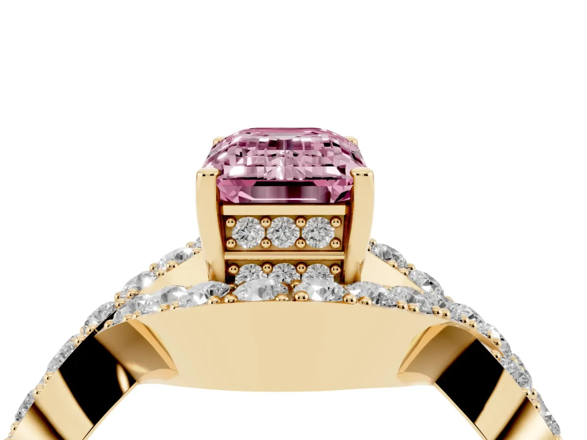 Fancy Pink Emerald Cut Solitaire Twist Band Pavé Diamond Engagement Ring Yellow gold