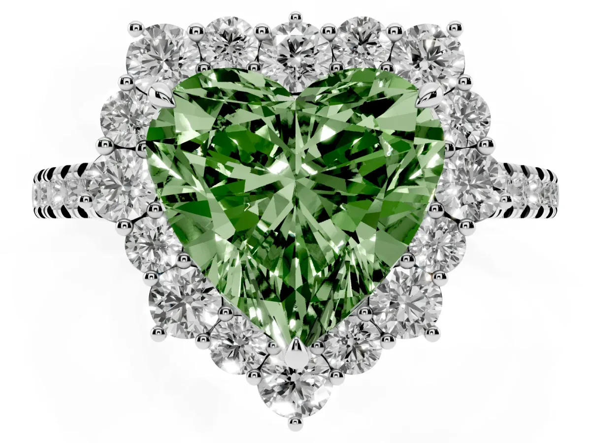 Fancy Green Heart Cut Halo Diamond Ring with Pavé Band and Prong Setting Silver