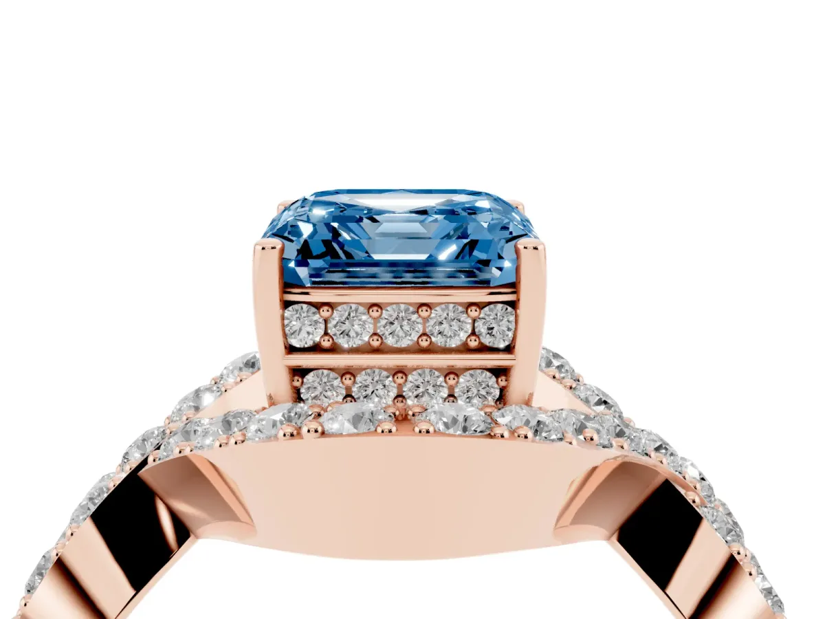 Fancy Blue Asscher Cut Solitaire Twist Band Pavé Diamond Engagement Ring Rose gold