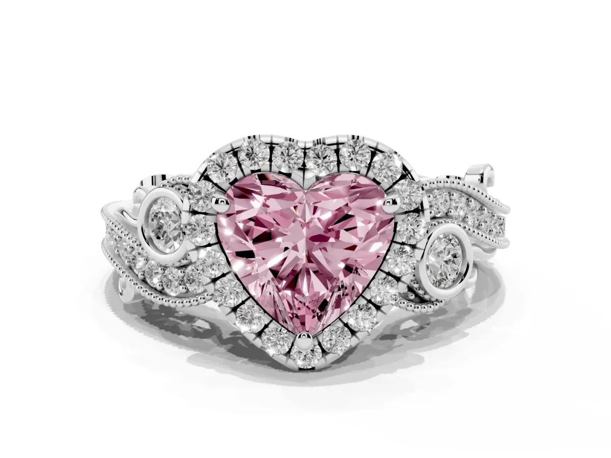 Fancy Pink Heart Cut Diamond Halo Ring with Milgrain Pavé Band and Four-Prong Setting Platinum