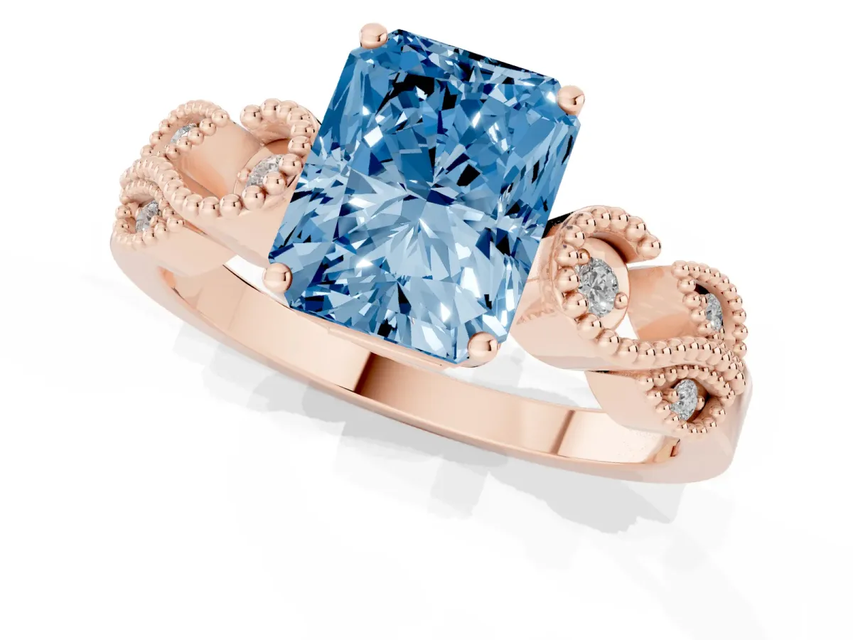 Fancy Blue Princess Cut Solitaire Milgrain Leaf Band with Prong Setting Rose gold