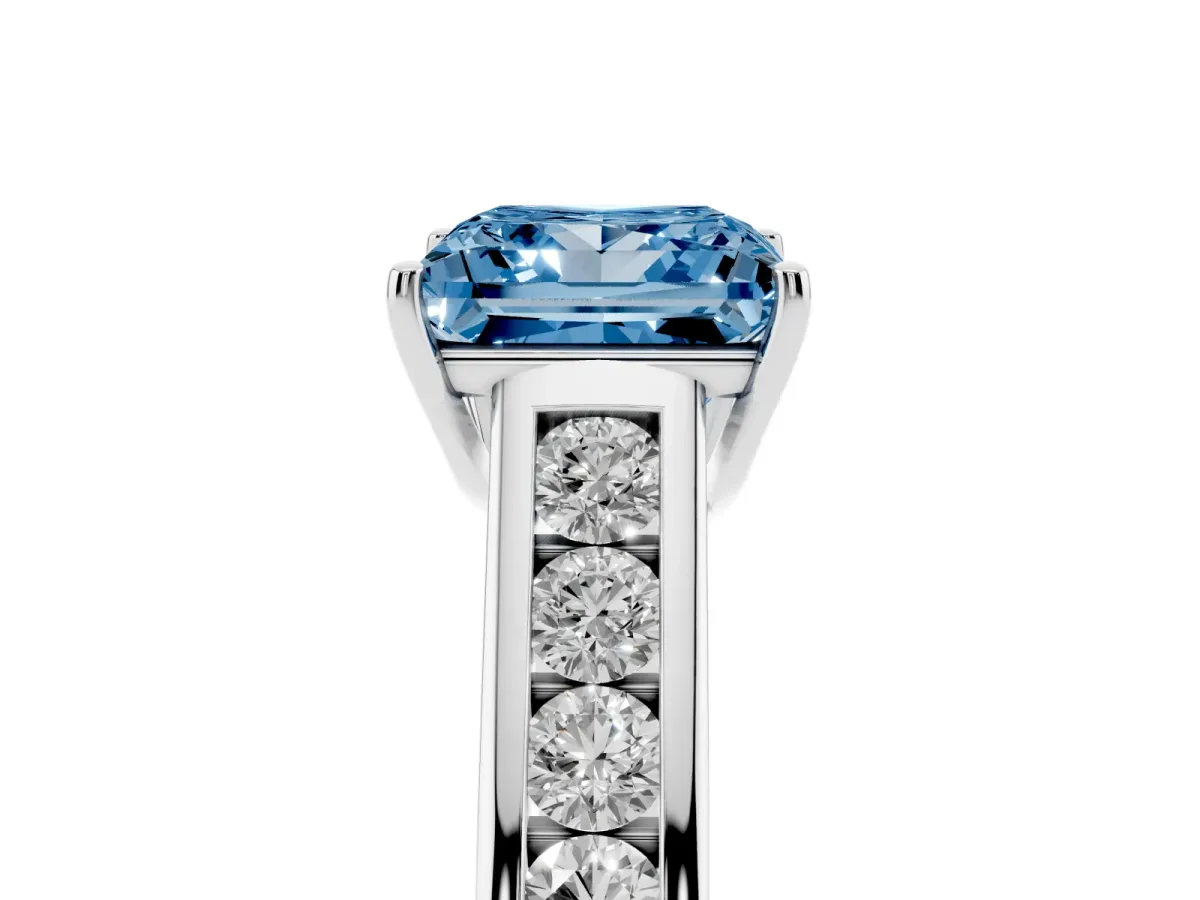 Fancy Blue Princess Cut Brilliant Channel-Set Solitaire Ring with Four-Prong Setting Silver
