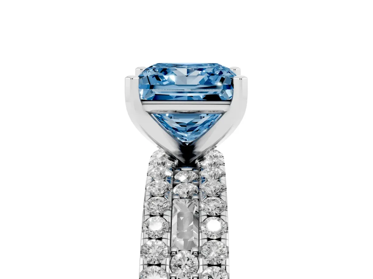 Fancy Blue Princess Cut Diamond Solitaire Ring with Pavé and Channel Set Band Silver