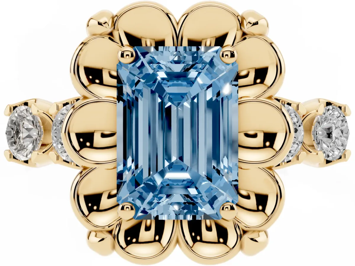 Fancy Blue Emerald Cut Cut Diamond Floral Halo Engagement Ring with Shared Prong Setting Yellow gold