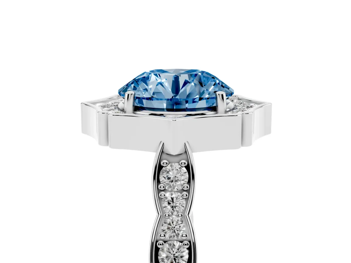 Fancy Blue Round Cut Halo Diamond Engagement Ring with Milgrain Band and Four-Prong Setting Silver
