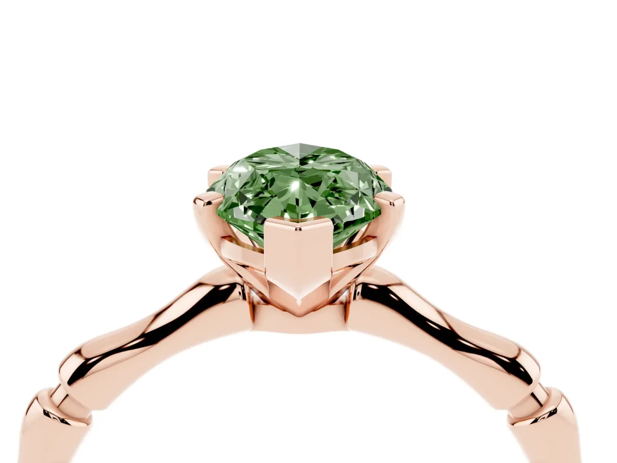 Fancy Green Marquise Cut Solitaire Diamond Ring with Bamboo Band and Four-Prong Setting Rose gold