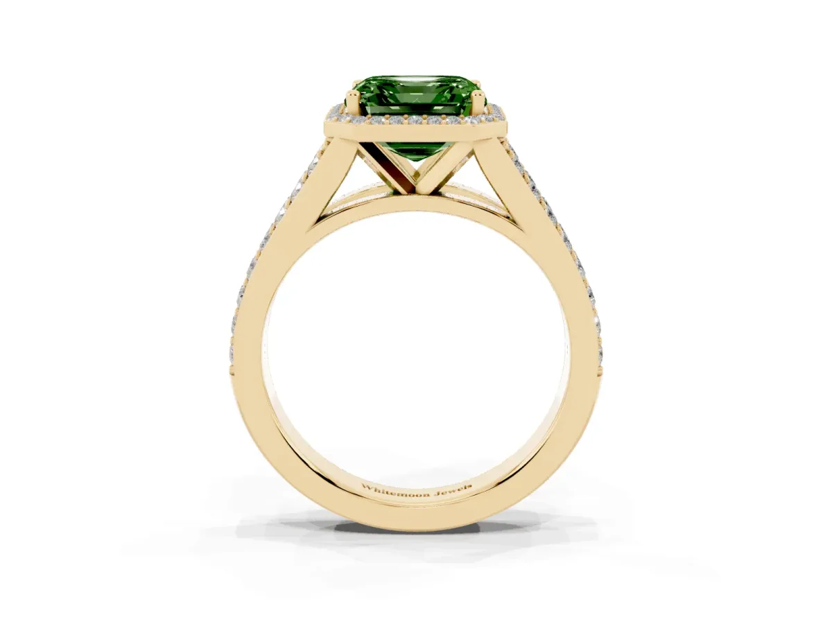 Fancy Green Asscher Cut Diamond Split Shank Halo Ring with Four-Prong Setting Yellow gold