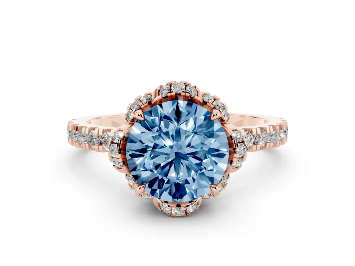 Fancy Blue Round Cut Diamond Halo Pave Band with Four-Prong Setting Rose gold