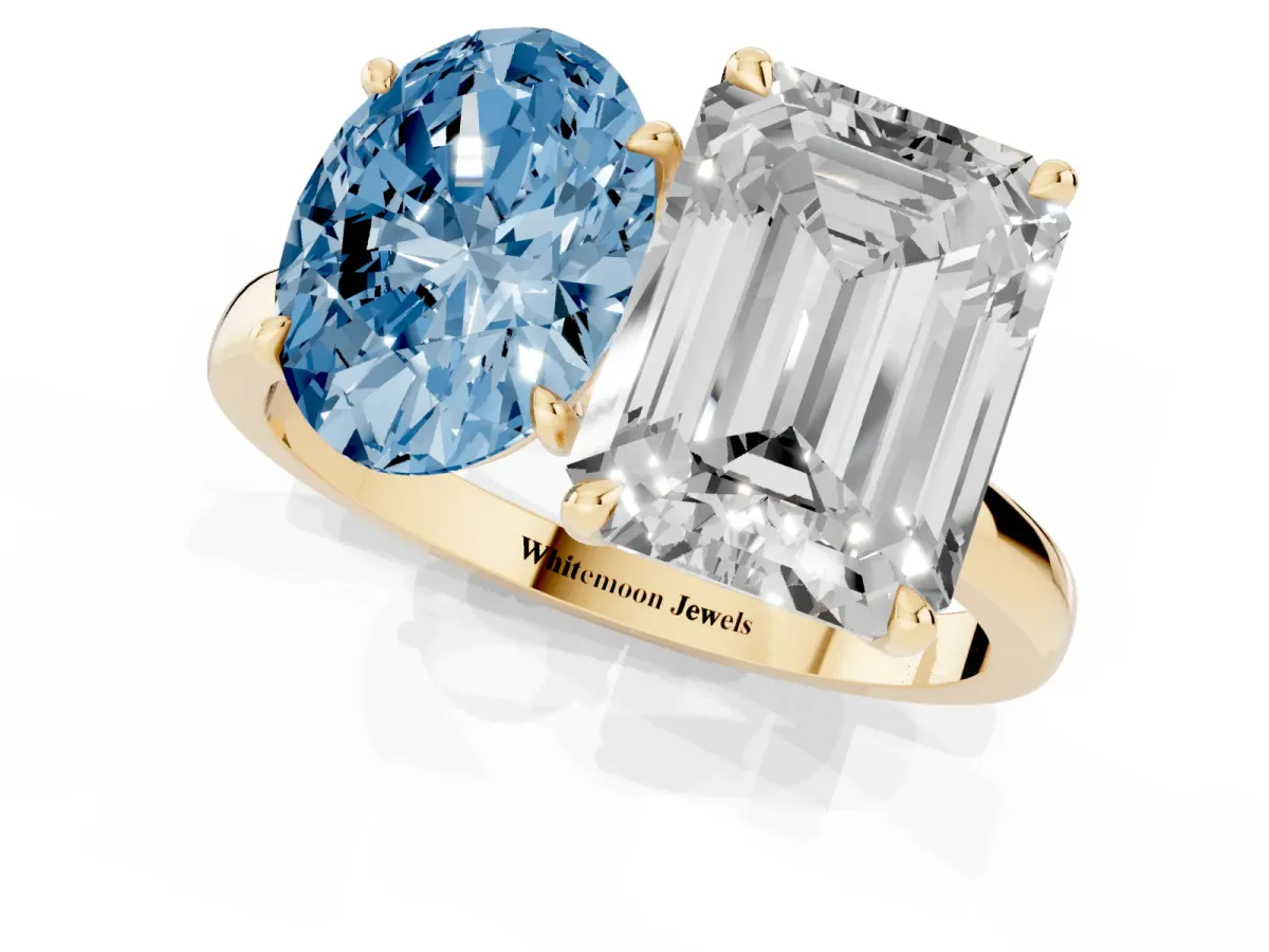 Fancy Blue Oval Cut and Emerald Cut Toi Moi Ring with Prong Setting Yellow gold