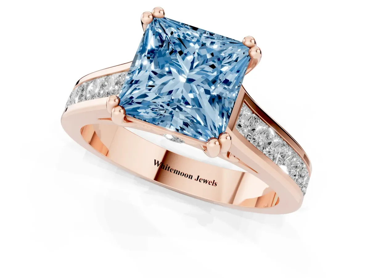 Fancy Blue Princess Cut Cut Channel Set Solitaire Engagement Ring with Prong Setting Rose gold
