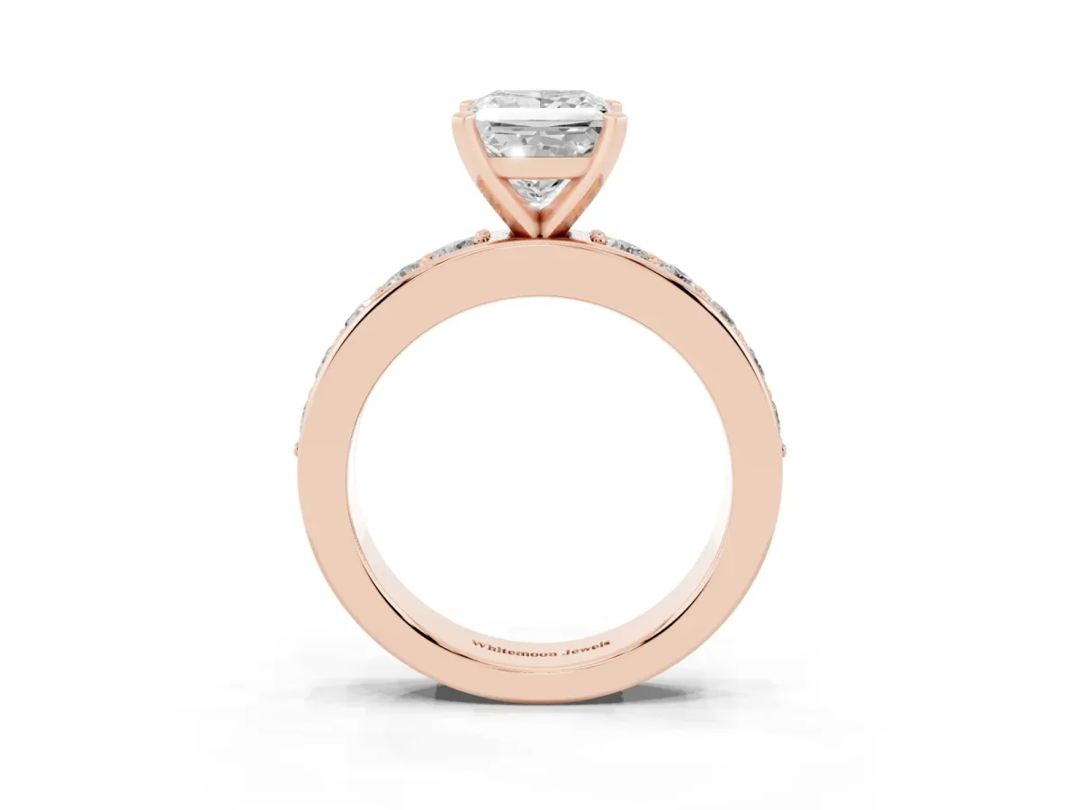 Princess Cut Diamond Engagement Ring with Channel Set Round Band and Prong Setting Rose gold