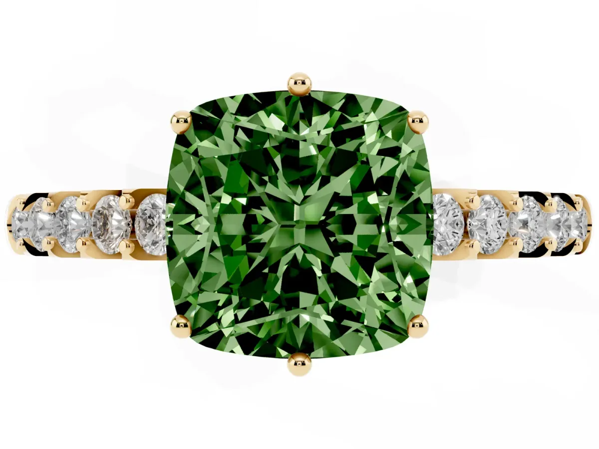 Fancy Green Cushion Cut Solitaire Diamond Engagement Ring with Pavé Band and Six-Prong Setting Yellow gold