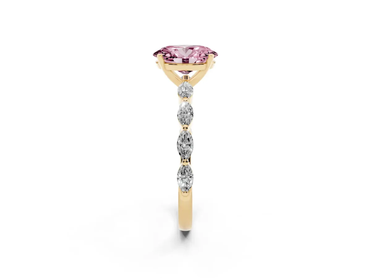 Fancy Pink Oval Cut Diamond Ring with Marquise Side Stones and Prong Setting Yellow gold